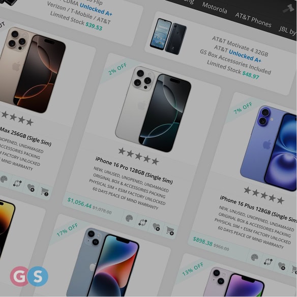 A website page displaying various iPhone models, their images, specifications, prices, discounts, and availability for purchase.