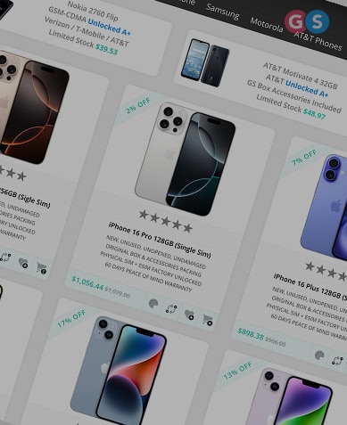 A website displays listings for various unlocked smartphones, including iPhone models, with prices, discounts, and stock information shown for each device.